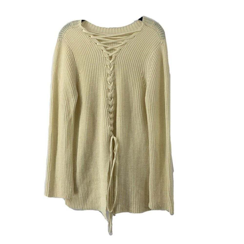 Cream Lace Up Back Sweater Split Back Tunic Medium
